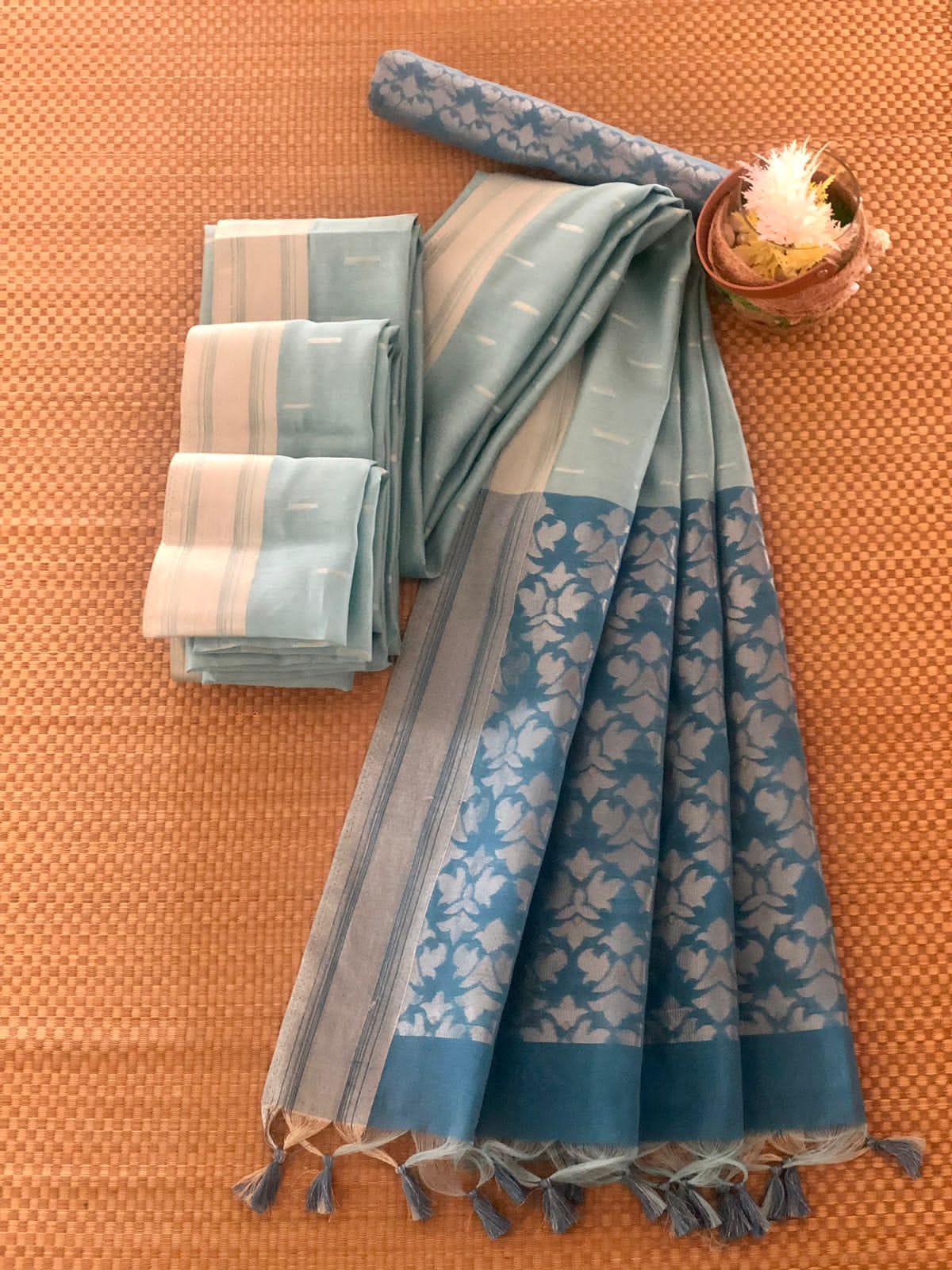 Pure Cotton All Over Silver Zari Weaved Rich Pallu Saree
