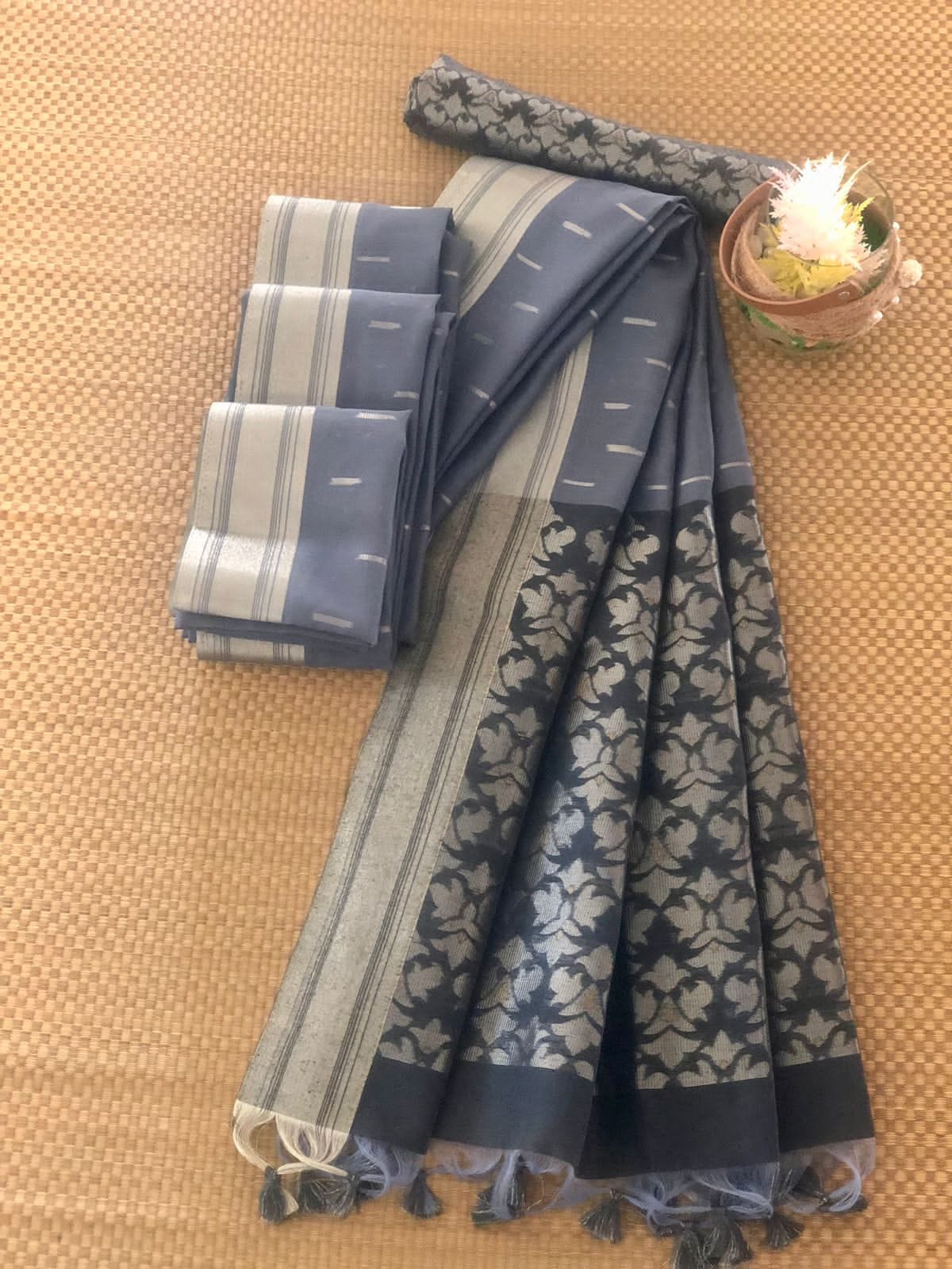 Pure Cotton All Over Silver Zari Weaved Rich Pallu Saree