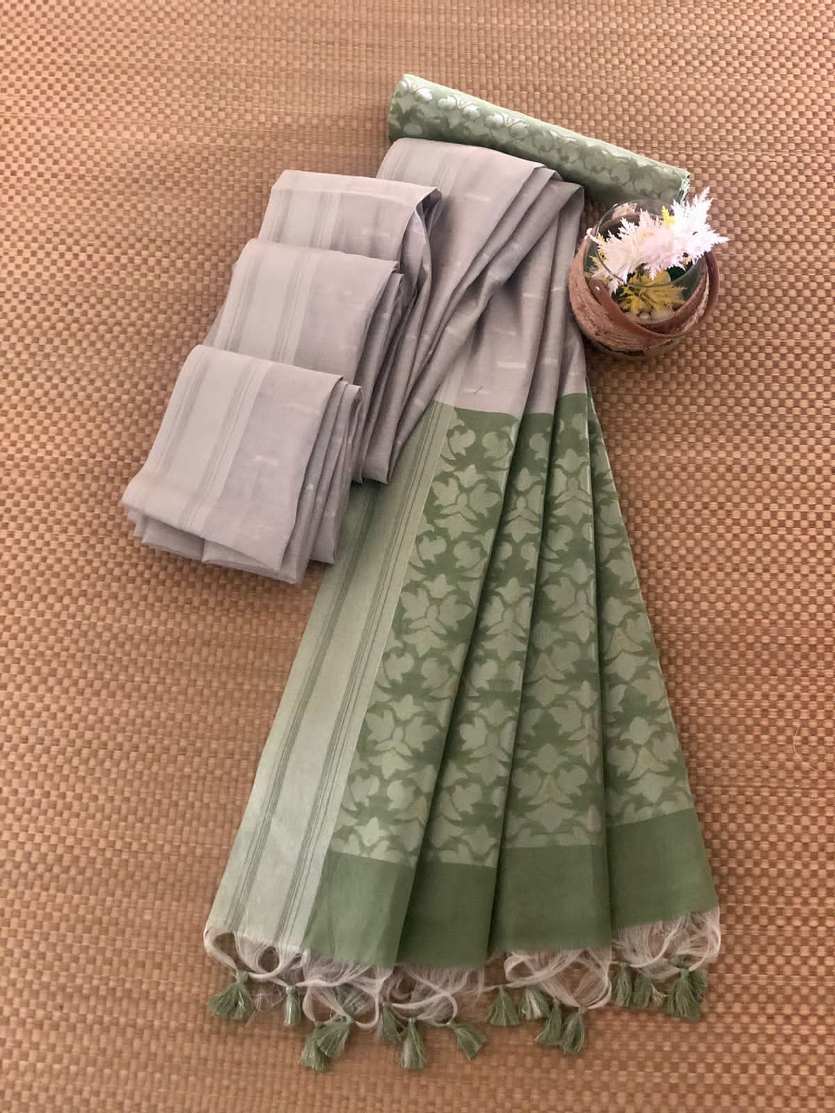 Pure Cotton All Over Silver Zari Weaved Rich Pallu Saree