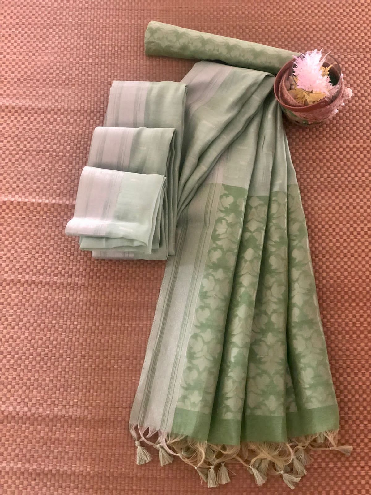 Pure Cotton All Over Silver Zari Weaved Rich Pallu Saree