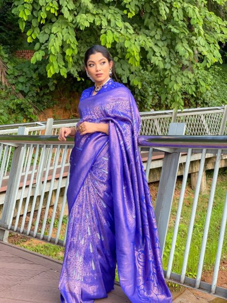 Image of Royal Blue Pure Banarasi Silk All Over Zari Meena Weaved Saree