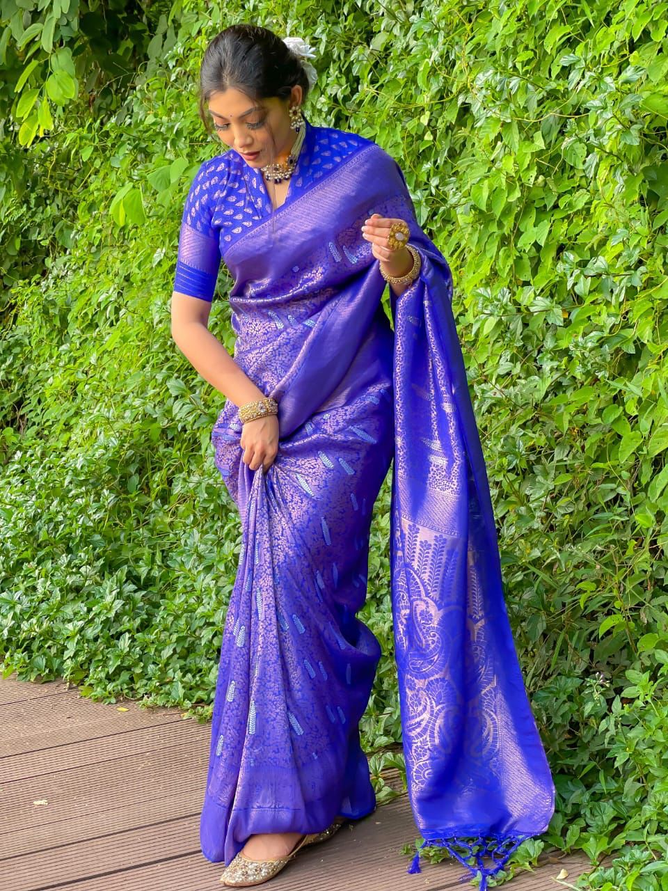 Royal Blue Pure Banarasi Silk All Over Zari Meena Weaved Saree
