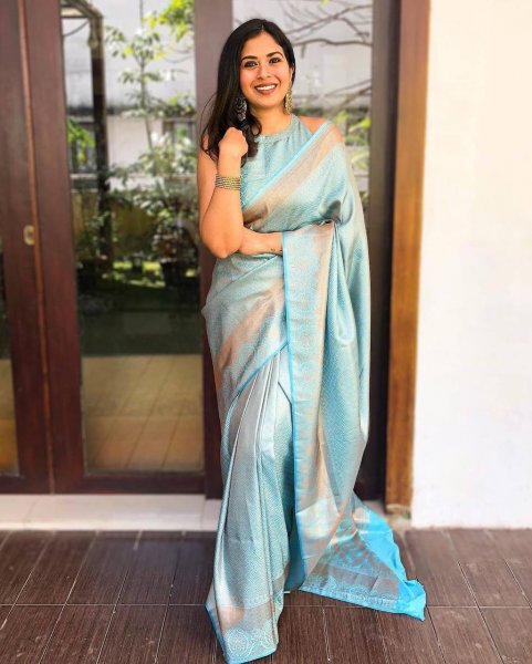 Image of Sky Blue Kanjivaram Silk All Over Zari Weaved Saree