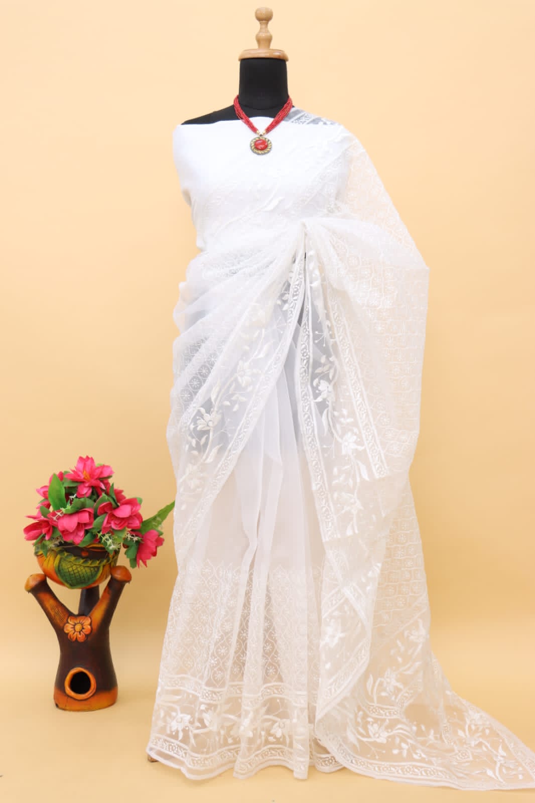 Pure Organza Silk All Over Chikankari Work Saree