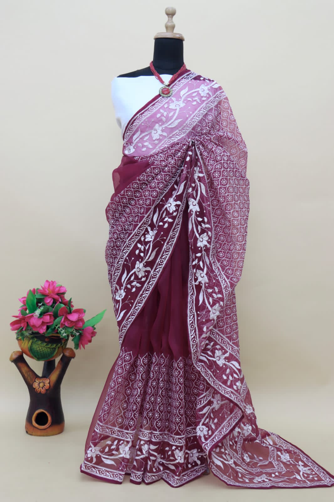 Pure Organza Silk All Over Chikankari Work Saree