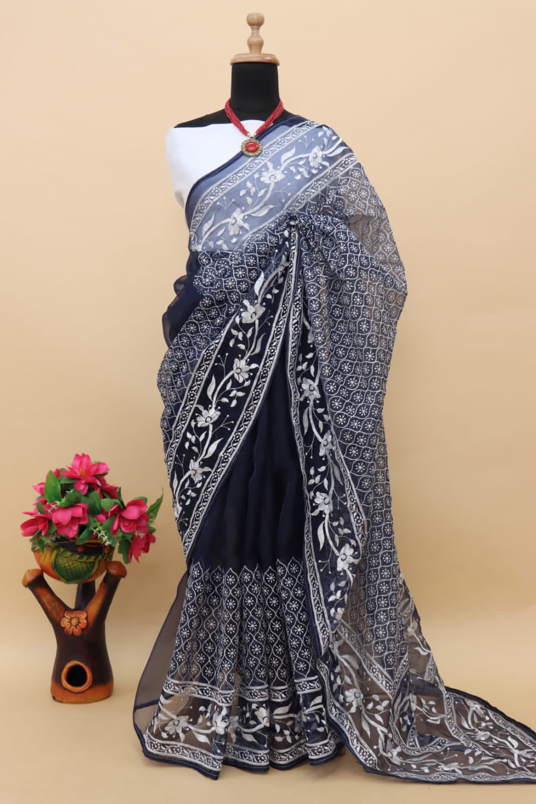 Pure Organza Silk All Over Chikankari Work Saree