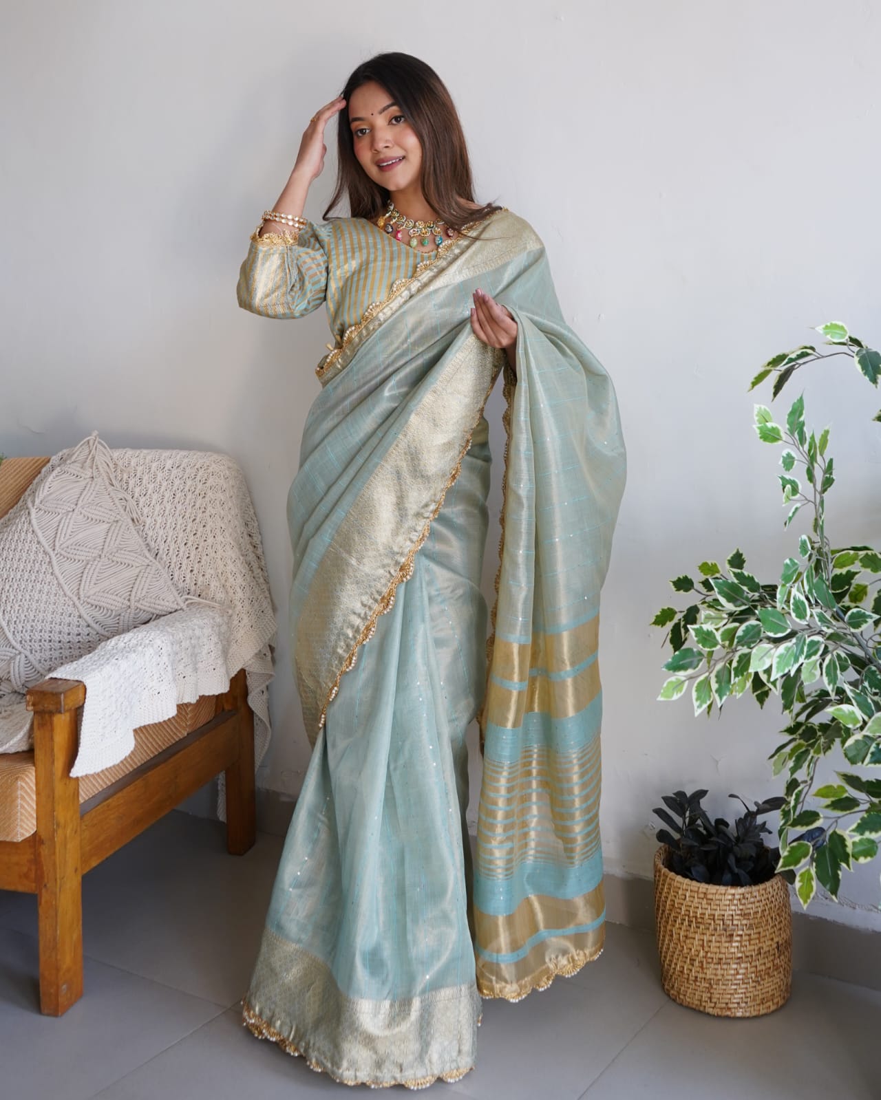 Cotton Silk All Over Zari Weaved With Lace Border Saree