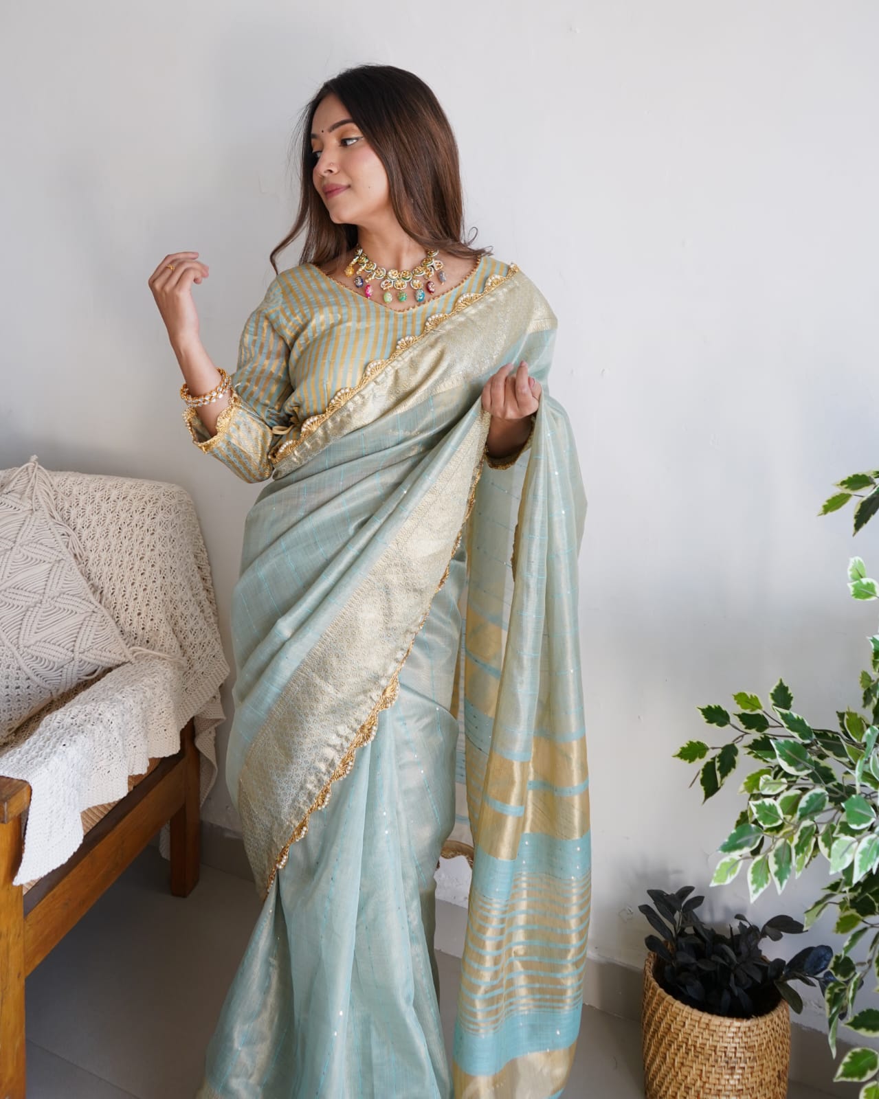 Cotton Silk All Over Zari Weaved With Lace Border Saree