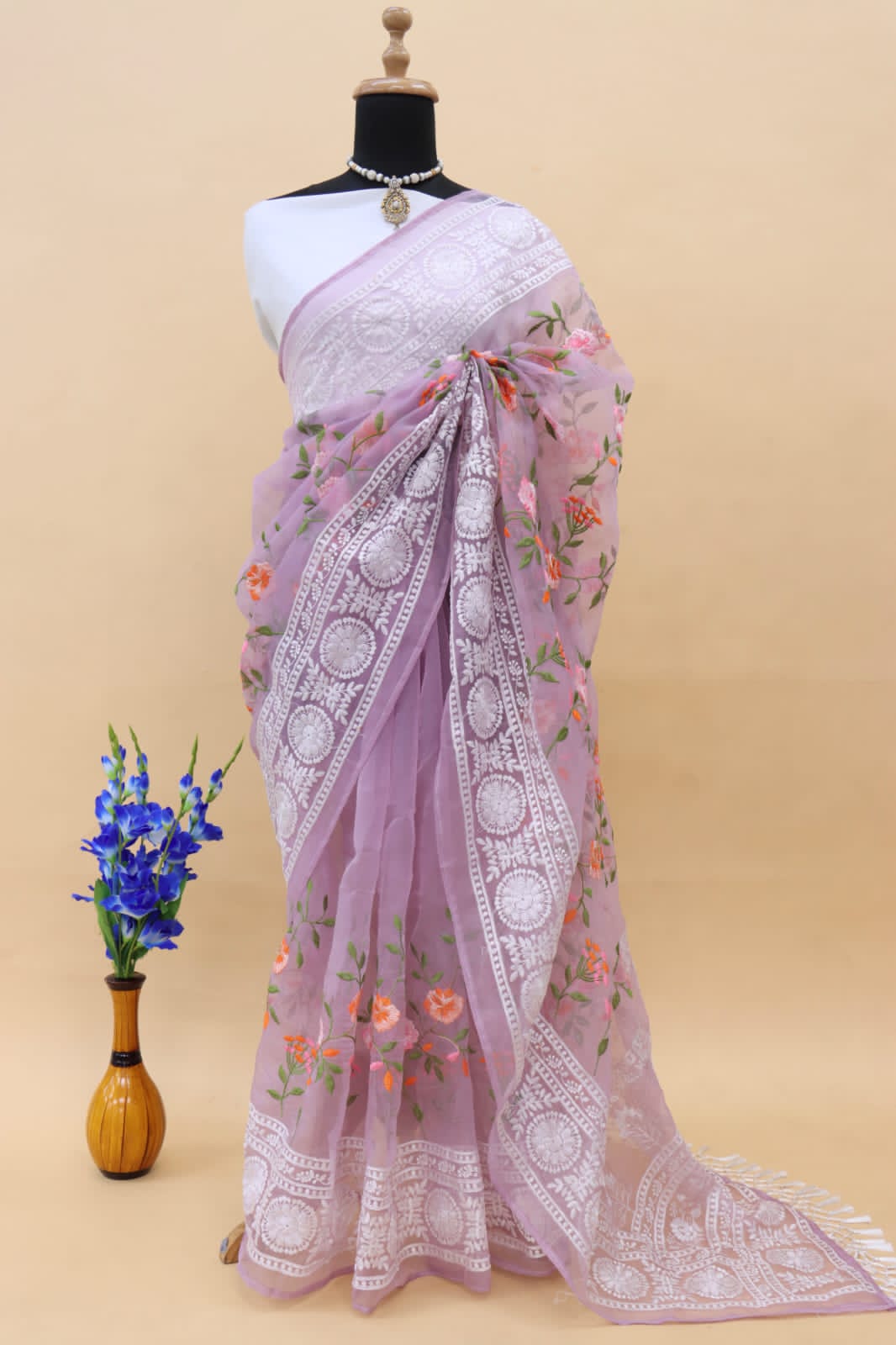 Pure Organza Silk Lucknawi Chikankari Border