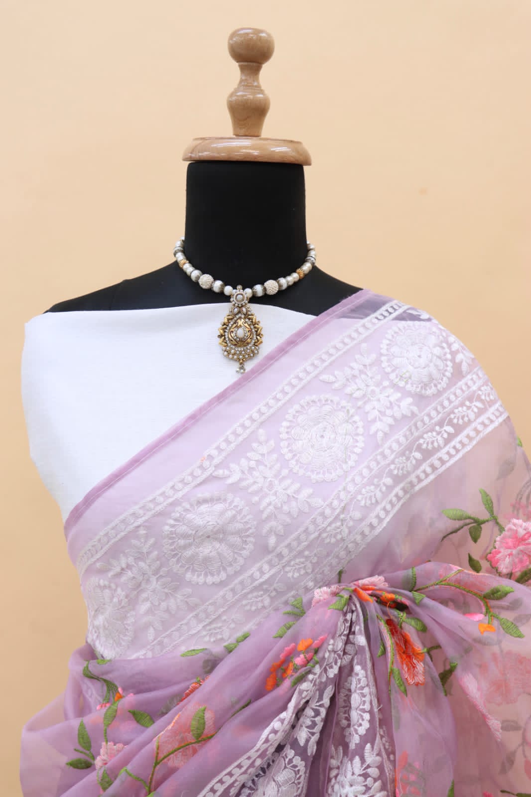 Pure Organza Silk Lucknawi Chikankari Border