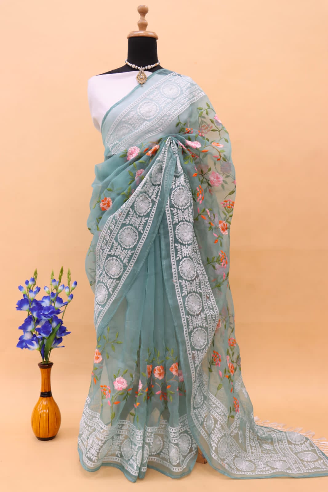 Pure Organza Silk Lucknawi Chikankari Border