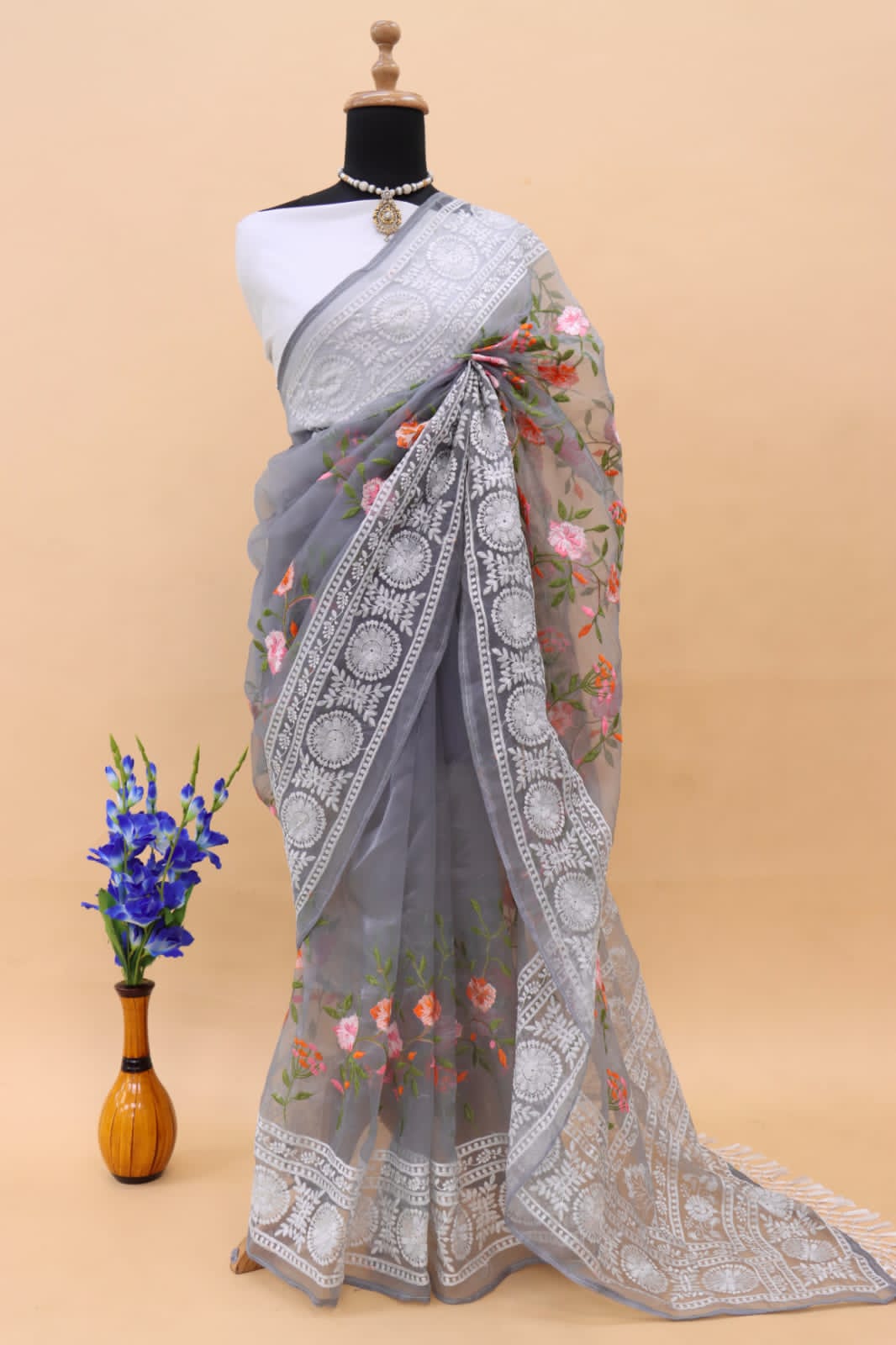 Pure Organza Silk Lucknawi Chikankari Border