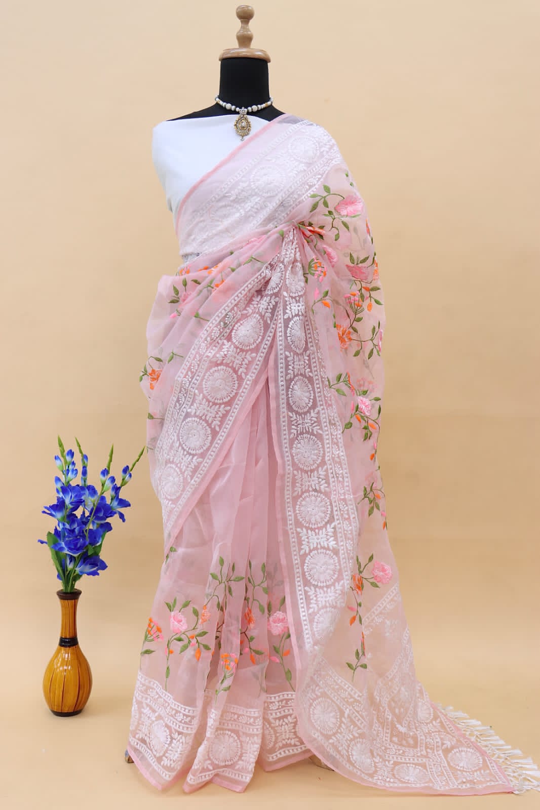 Pure Organza Silk Lucknawi Chikankari Border