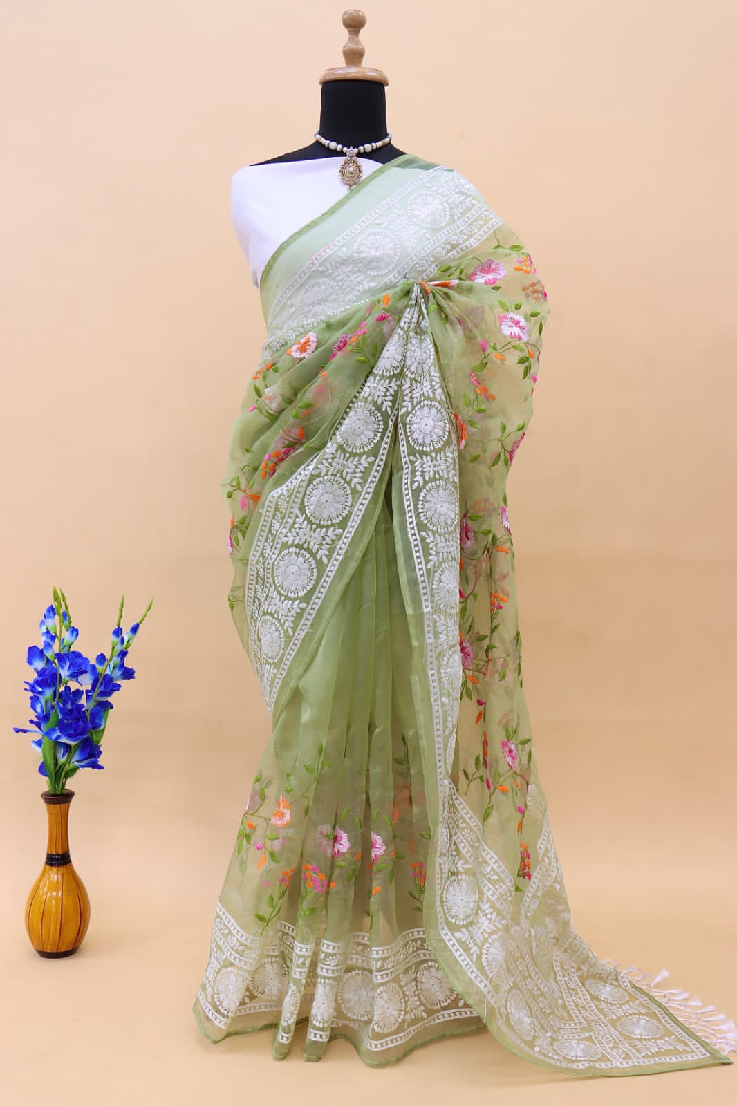 Pure Organza Silk Lucknawi Chikankari Border