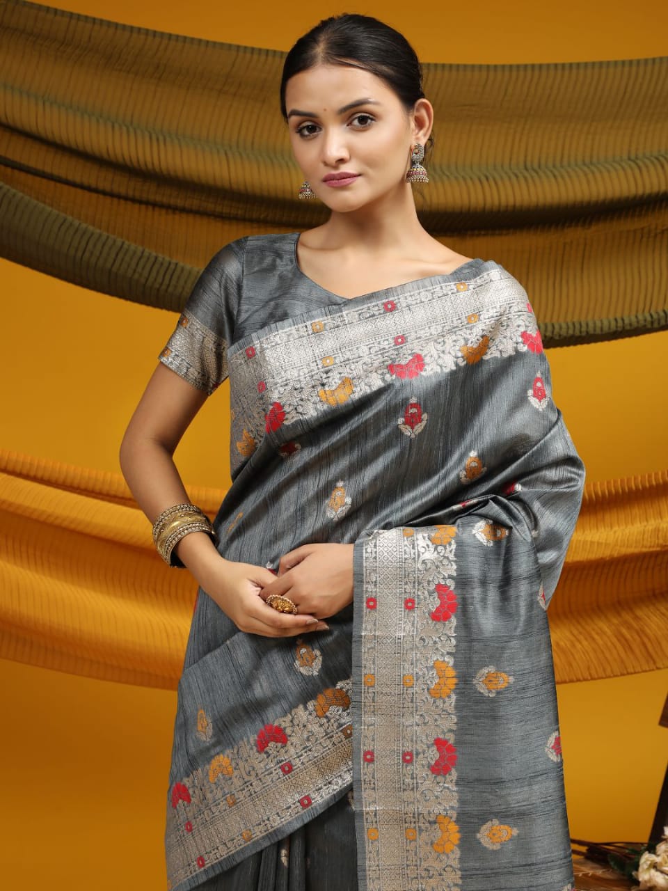 Pure Banarasi Tussar Silk Ikkat And Meena Weaved Saree