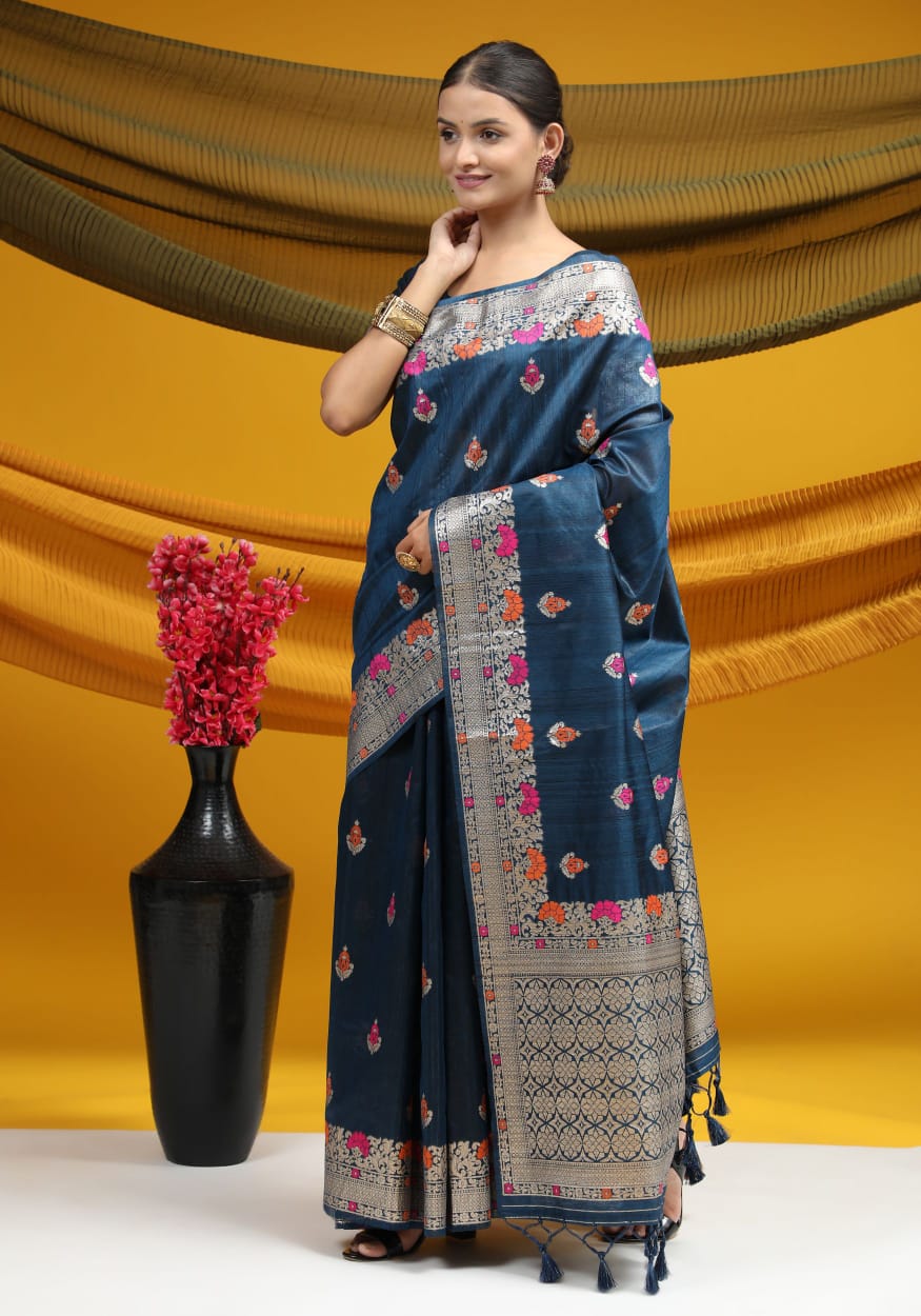 Pure Banarasi Tussar Silk Ikkat And Meena Weaved Saree