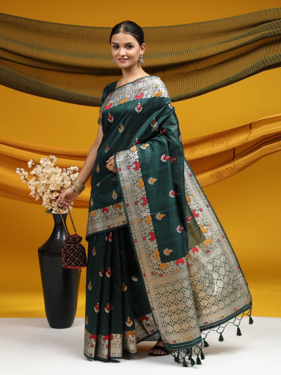 Pure Banarasi Tussar Silk Ikkat And Meena Weaved Saree