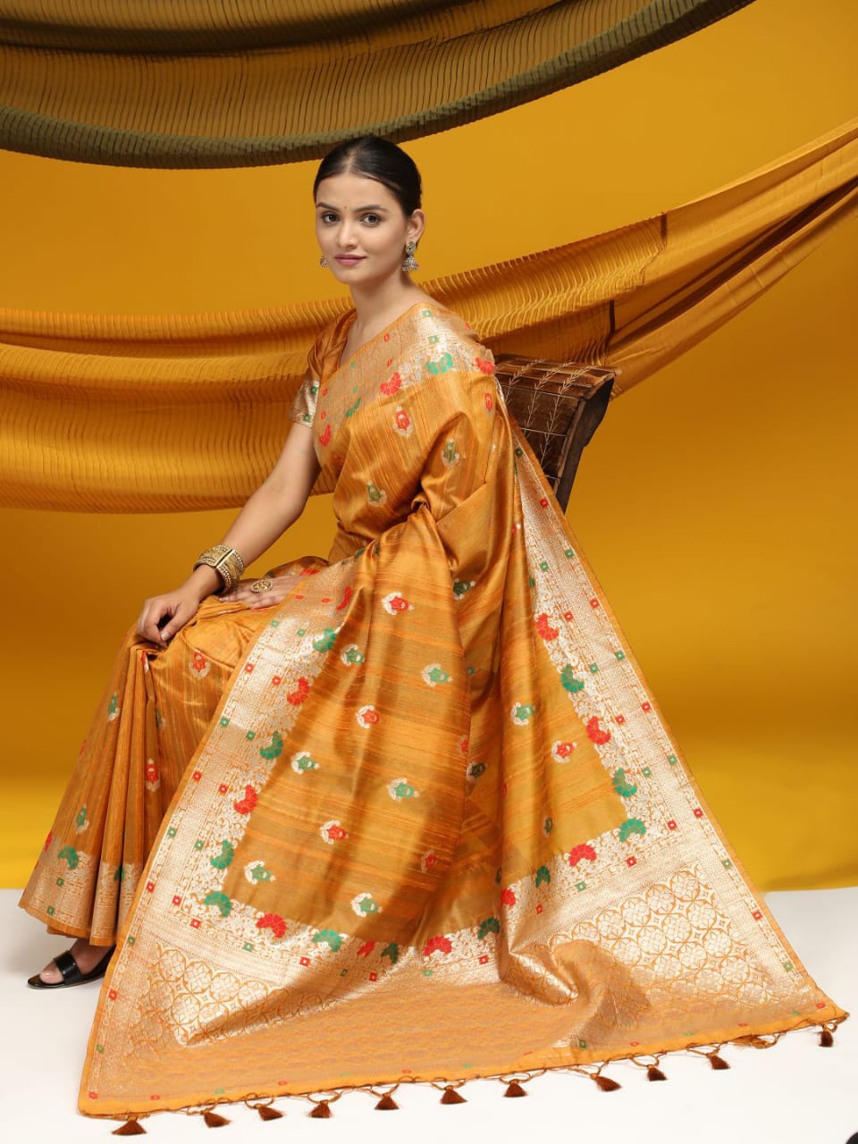 Pure Banarasi Tussar Silk Ikkat And Meena Weaved Saree