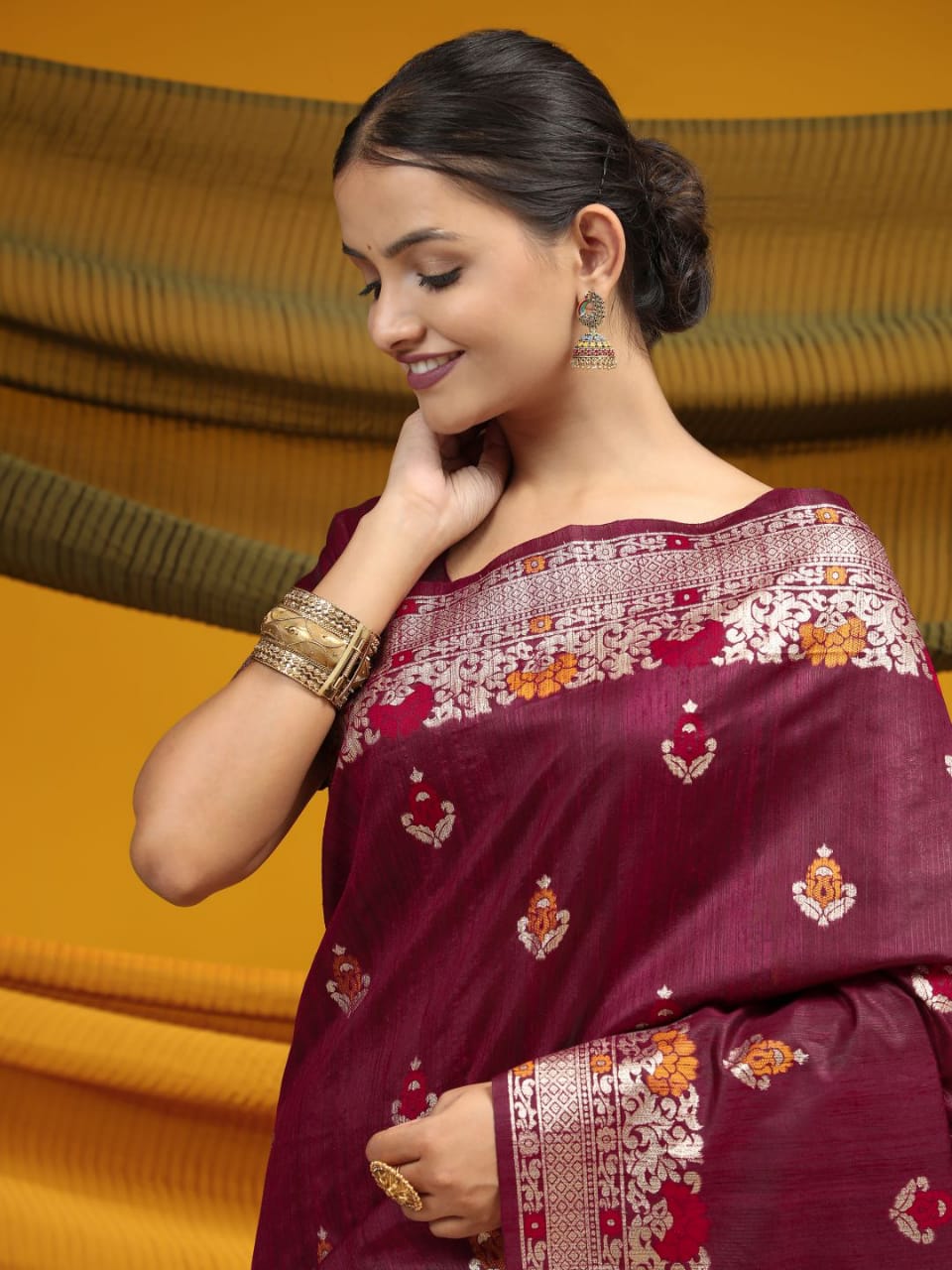 Pure Banarasi Tussar Silk Ikkat And Meena Weaved Saree