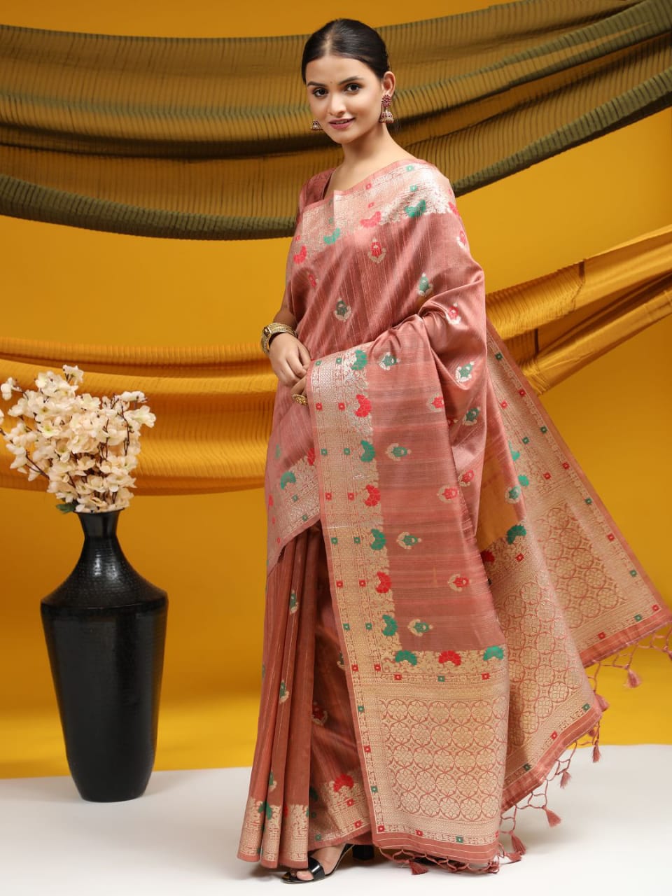 Pure Banarasi Tussar Silk Ikkat And Meena Weaved Saree