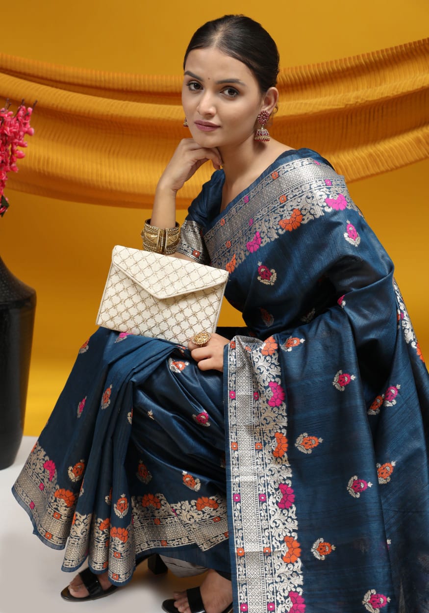 Pure Banarasi Tussar Silk Ikkat And Meena Weaved Saree