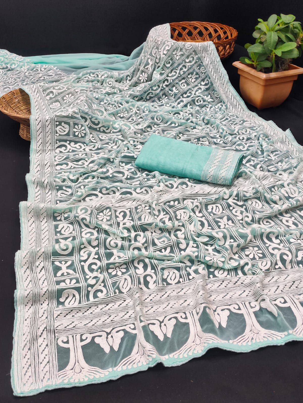 Pure Organza Silk Digital Lucknavi Chikan Work Saree