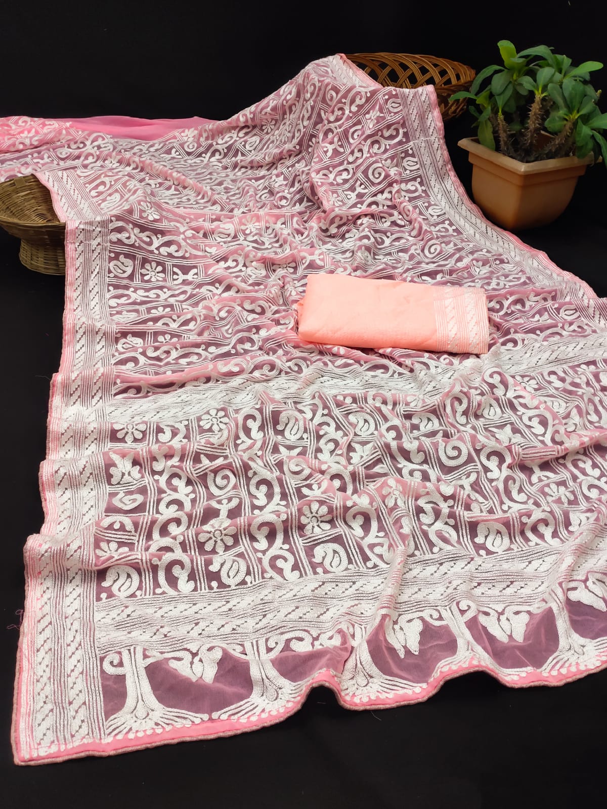 Pure Organza Silk Digital Lucknavi Chikan Work Saree