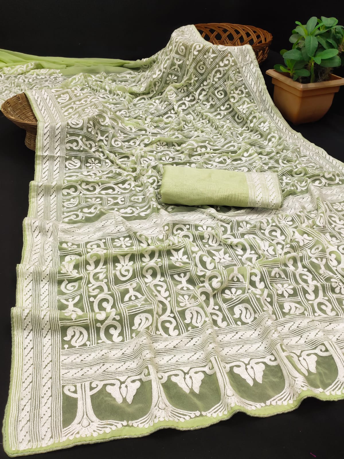 Pure Organza Silk Digital Lucknavi Chikan Work Saree