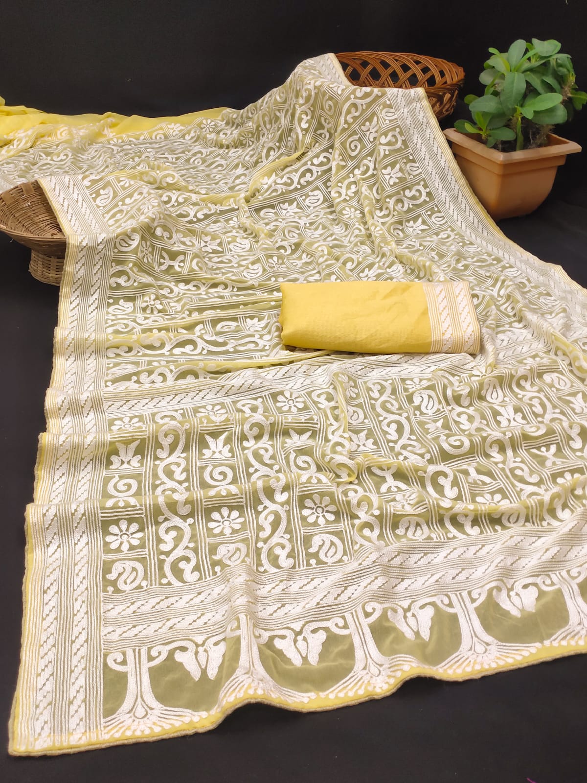 Pure Organza Silk Digital Lucknavi Chikan Work Saree