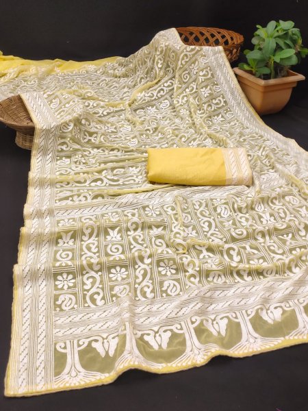 Image of Pure Organza Silk Digital Lucknavi Chikan Work Saree