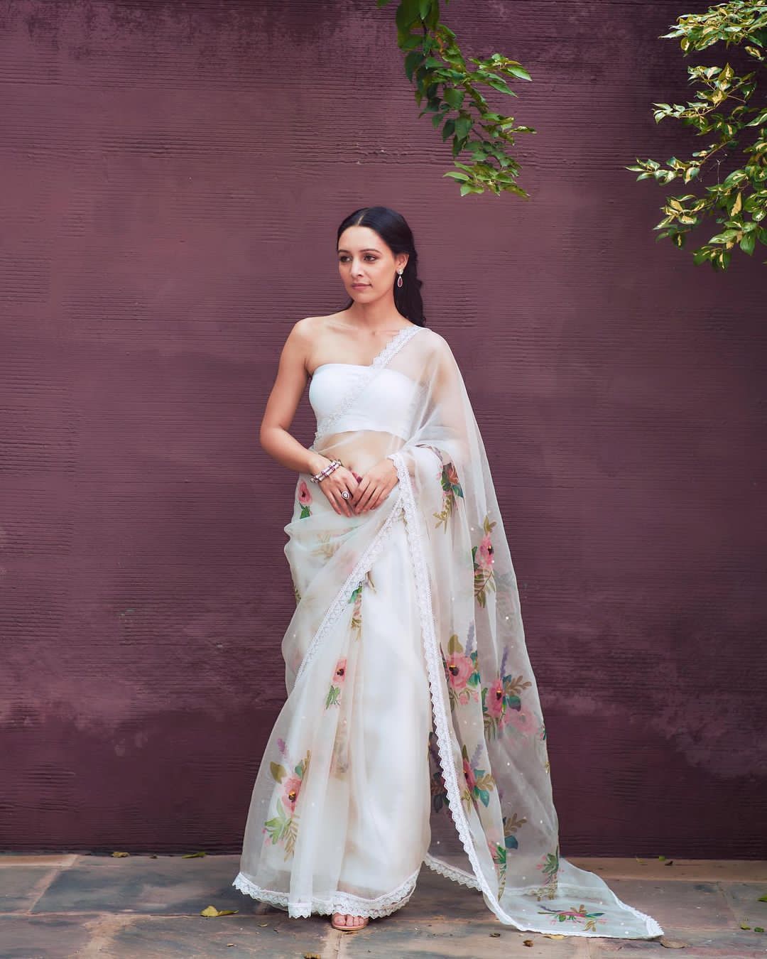 White Pure Organza Silk Digital Printed With Lace Border Saree