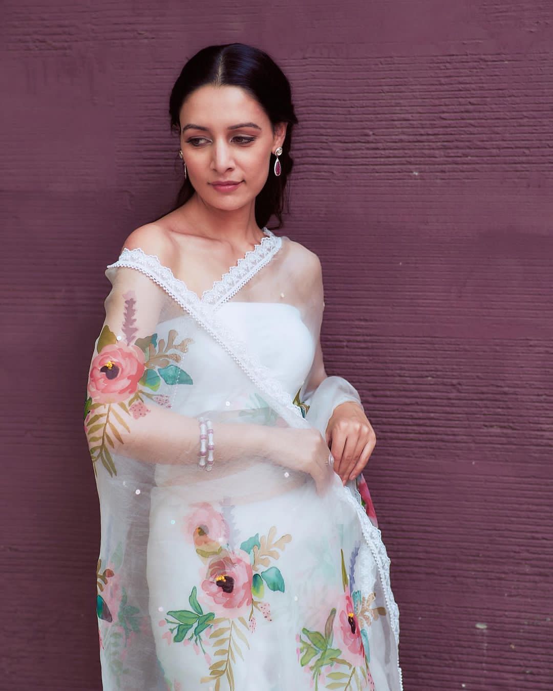 White Pure Organza Silk Digital Printed With Lace Border Saree