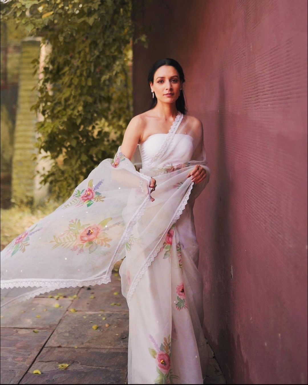White Pure Organza Silk Digital Printed With Lace Border Saree