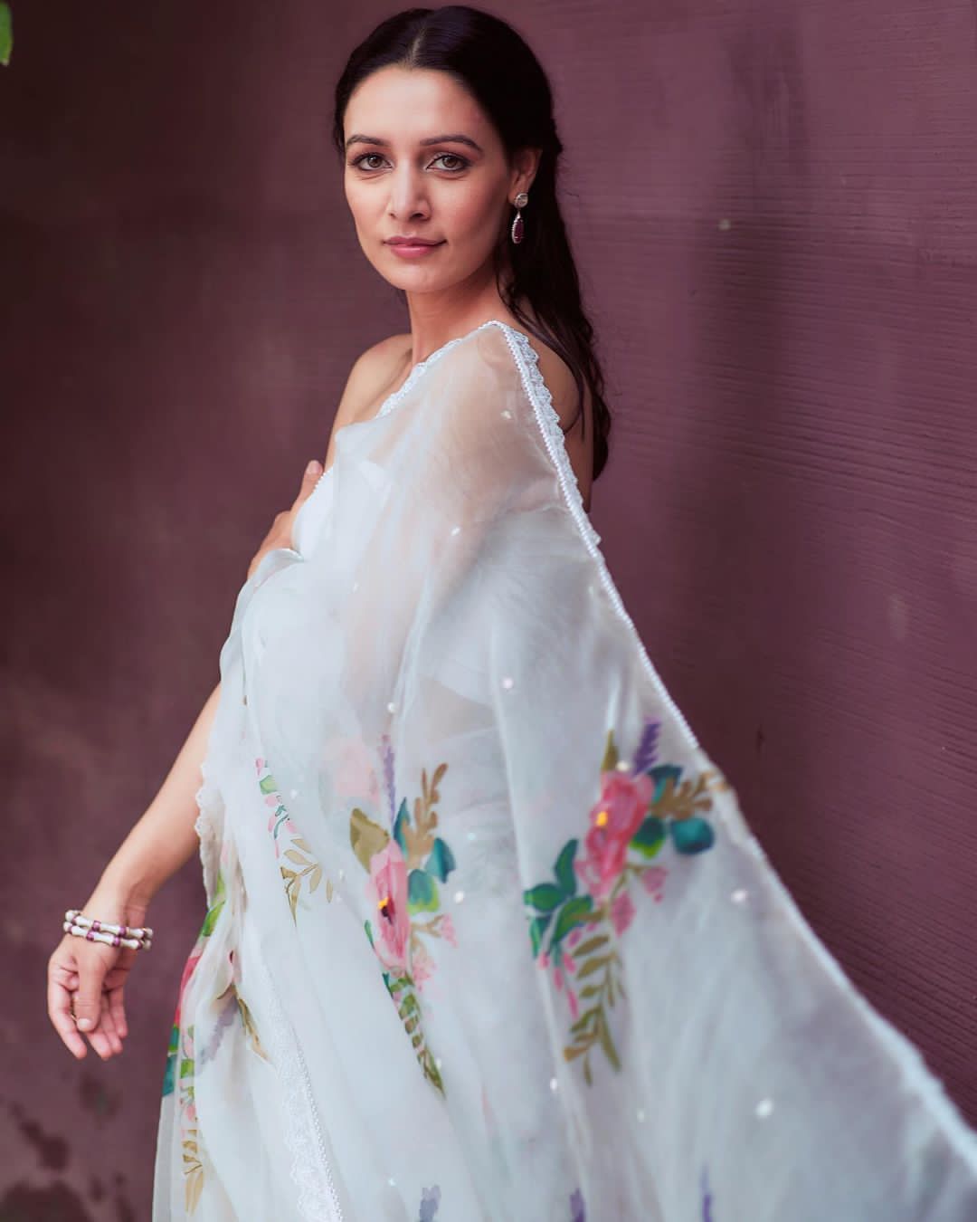 White Pure Organza Silk Digital Printed With Lace Border Saree