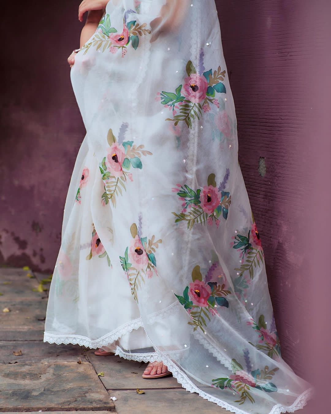 White Pure Organza Silk Digital Printed With Lace Border Saree