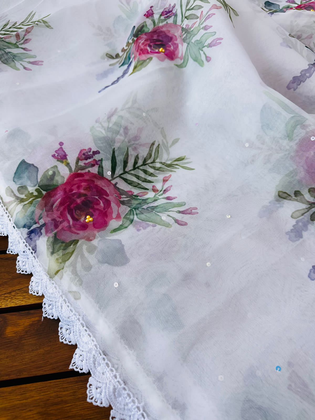 White Pure Organza Silk Digital Printed With Lace Border Saree