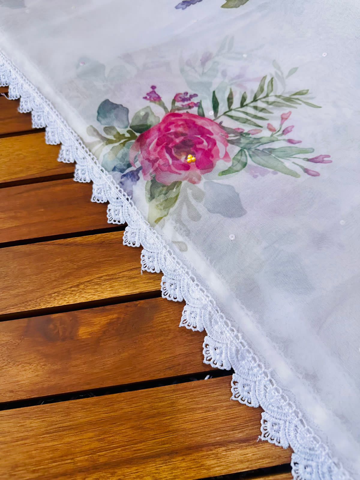 White Pure Organza Silk Digital Printed With Lace Border Saree