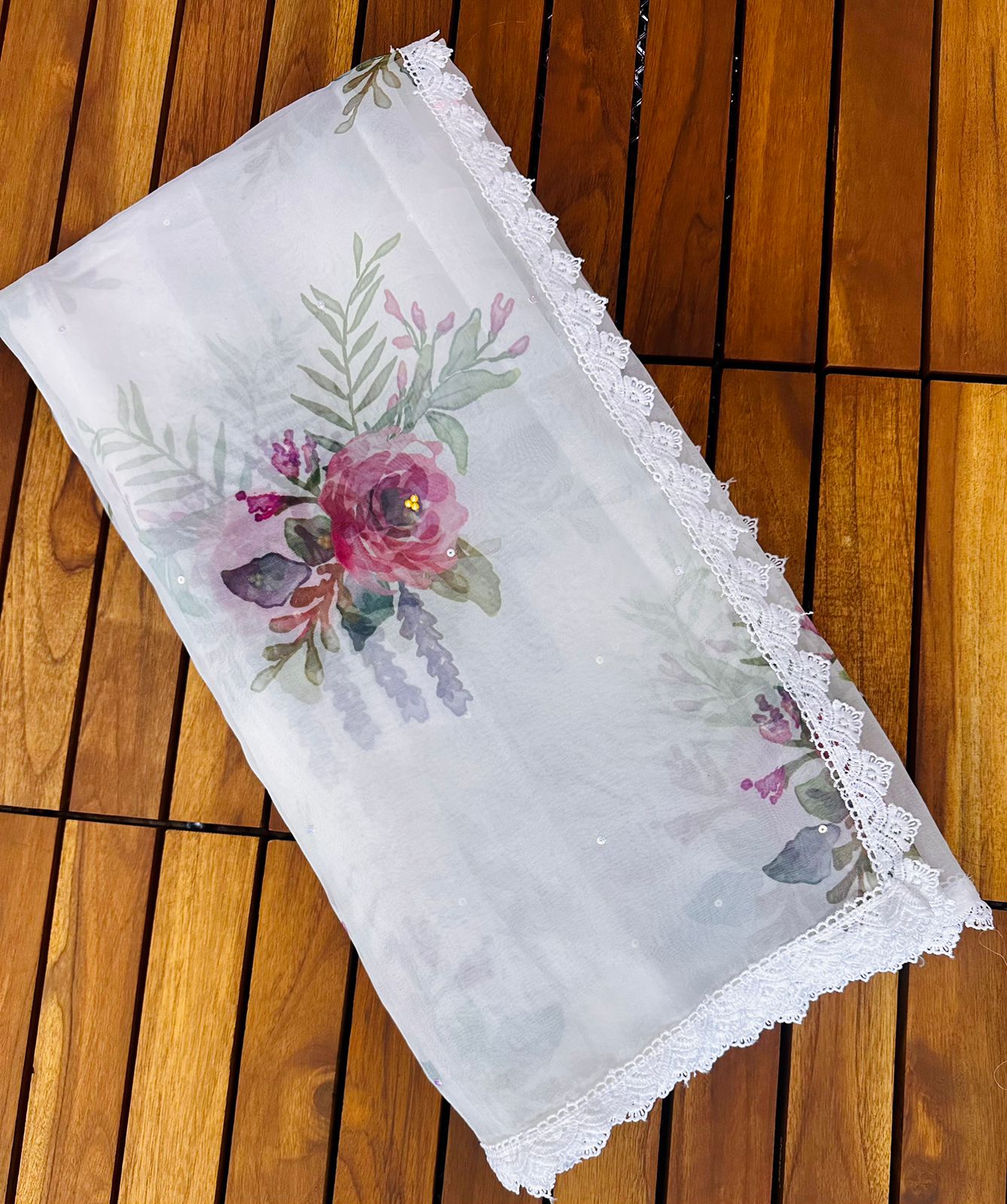 White Pure Organza Silk Digital Printed With Lace Border Saree