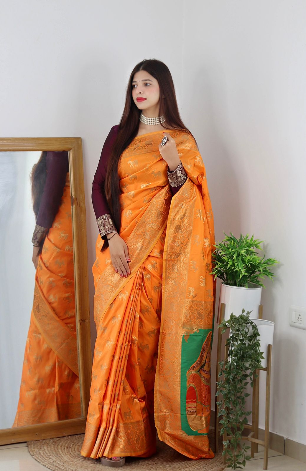 Pure Banarasi Silk Paithani All Over Copper Zari Weaved Saree