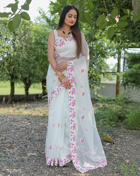 Image of White Organza Silk Embroidered Saree