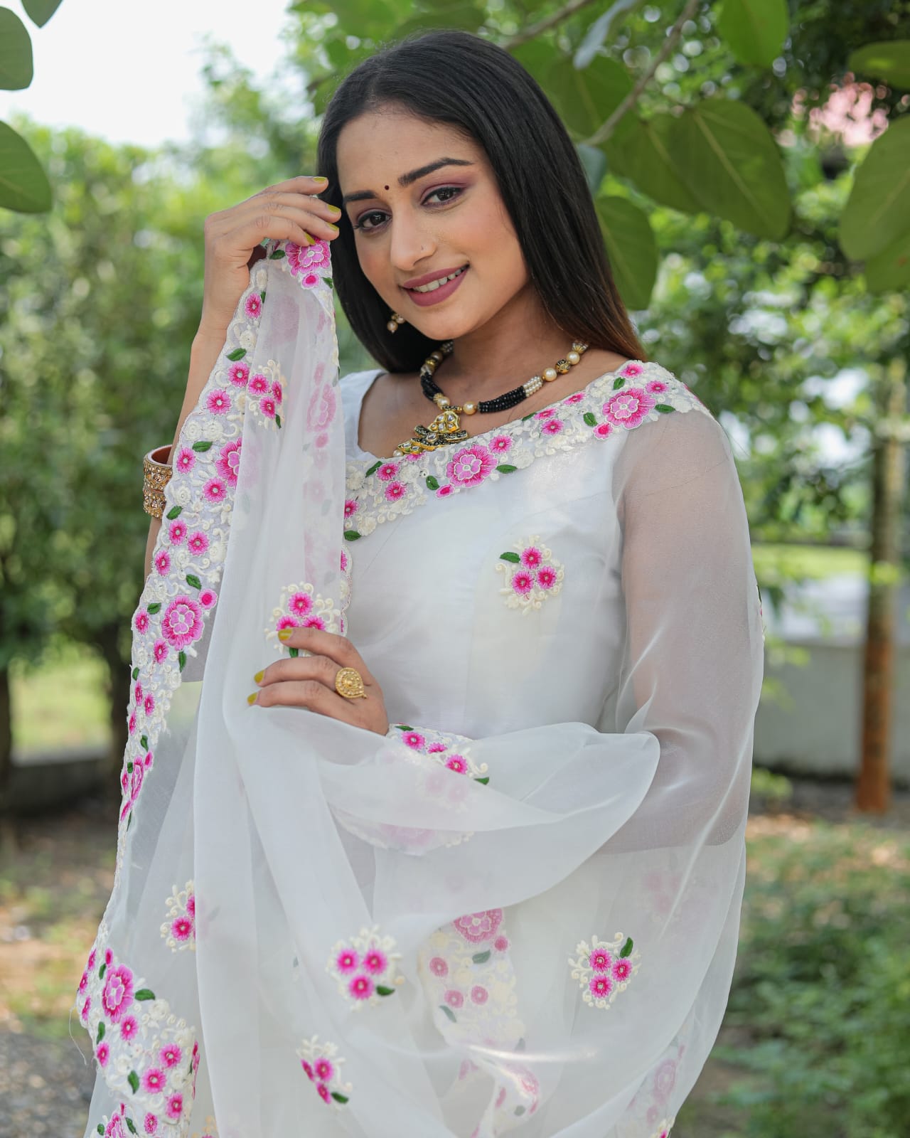 White Organza Silk Embroidered Saree