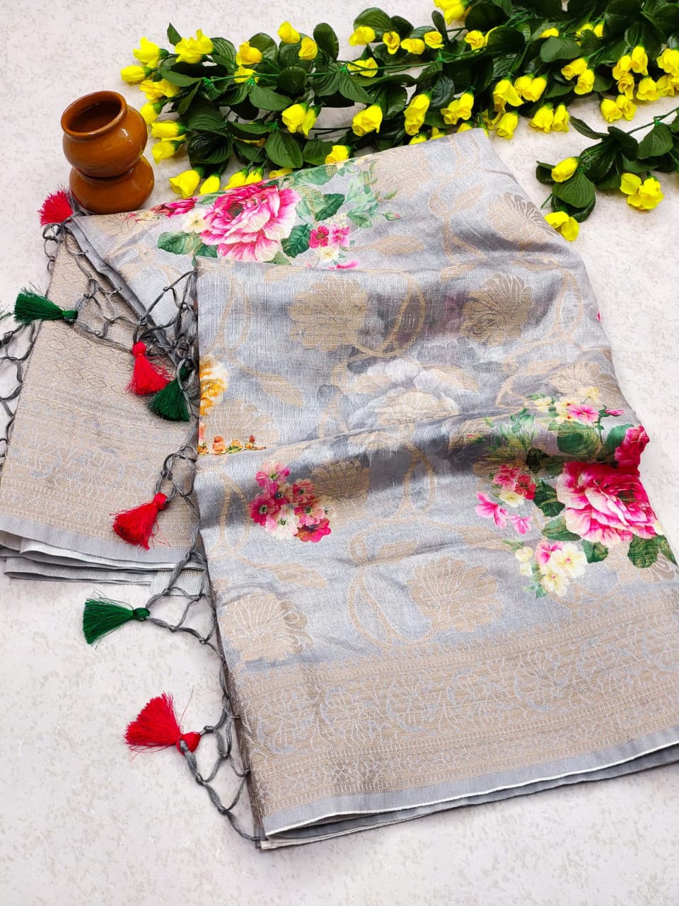 Pure Munga Silk All Over Zari Weaved With Digital Print Saree