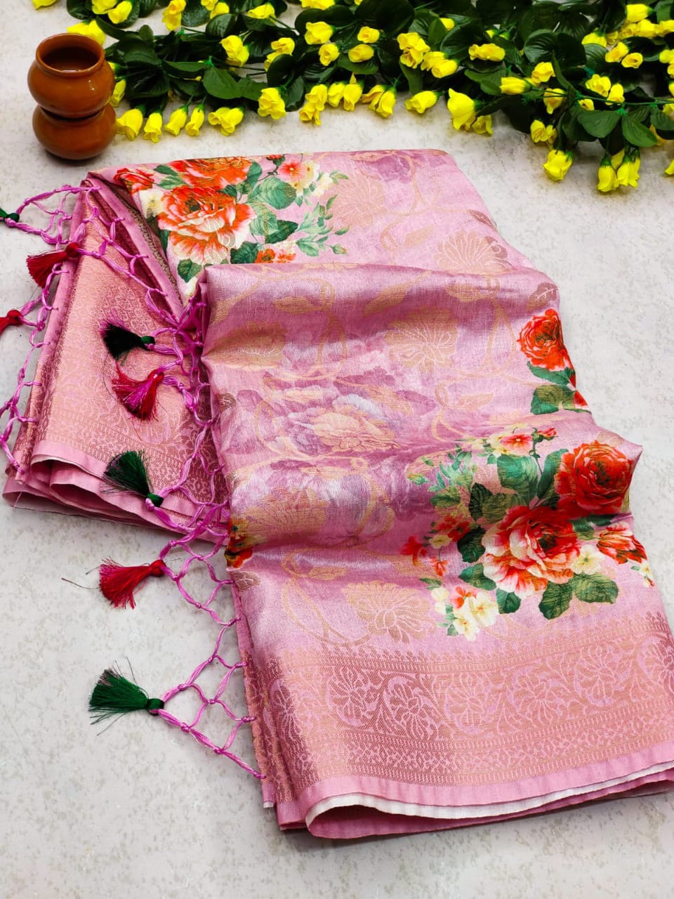 Pure Munga Silk All Over Zari Weaved With Digital Print Saree