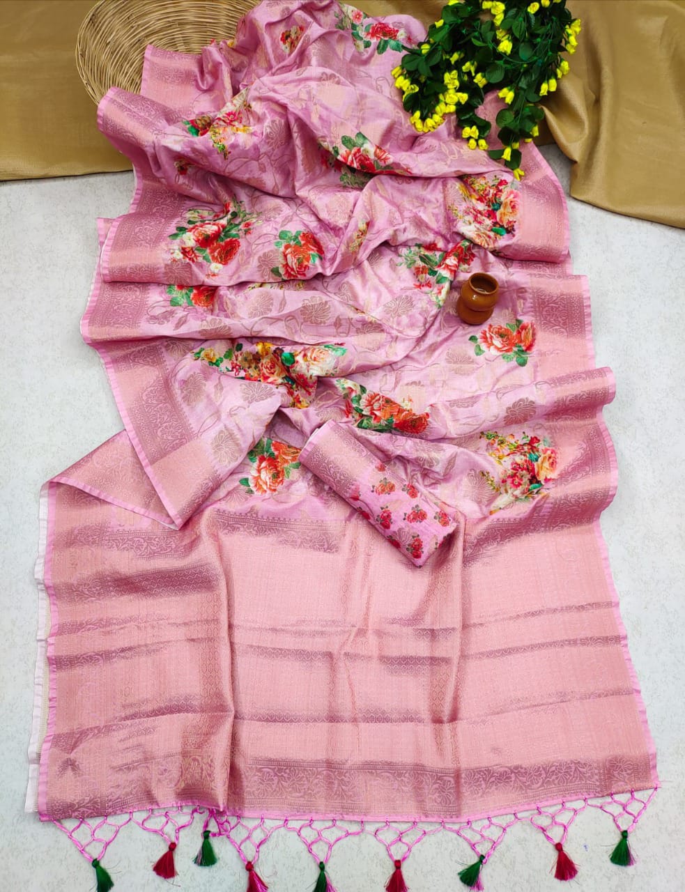 Pure Munga Silk All Over Zari Weaved With Digital Print Saree