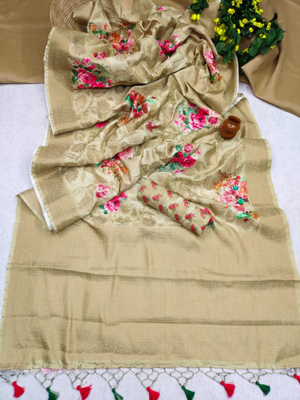 Pure Munga Silk All Over Zari Weaved With Digital Print Saree