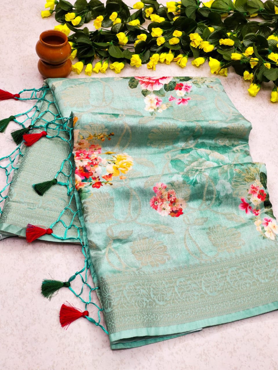 Pure Munga Silk All Over Zari Weaved With Digital Print Saree