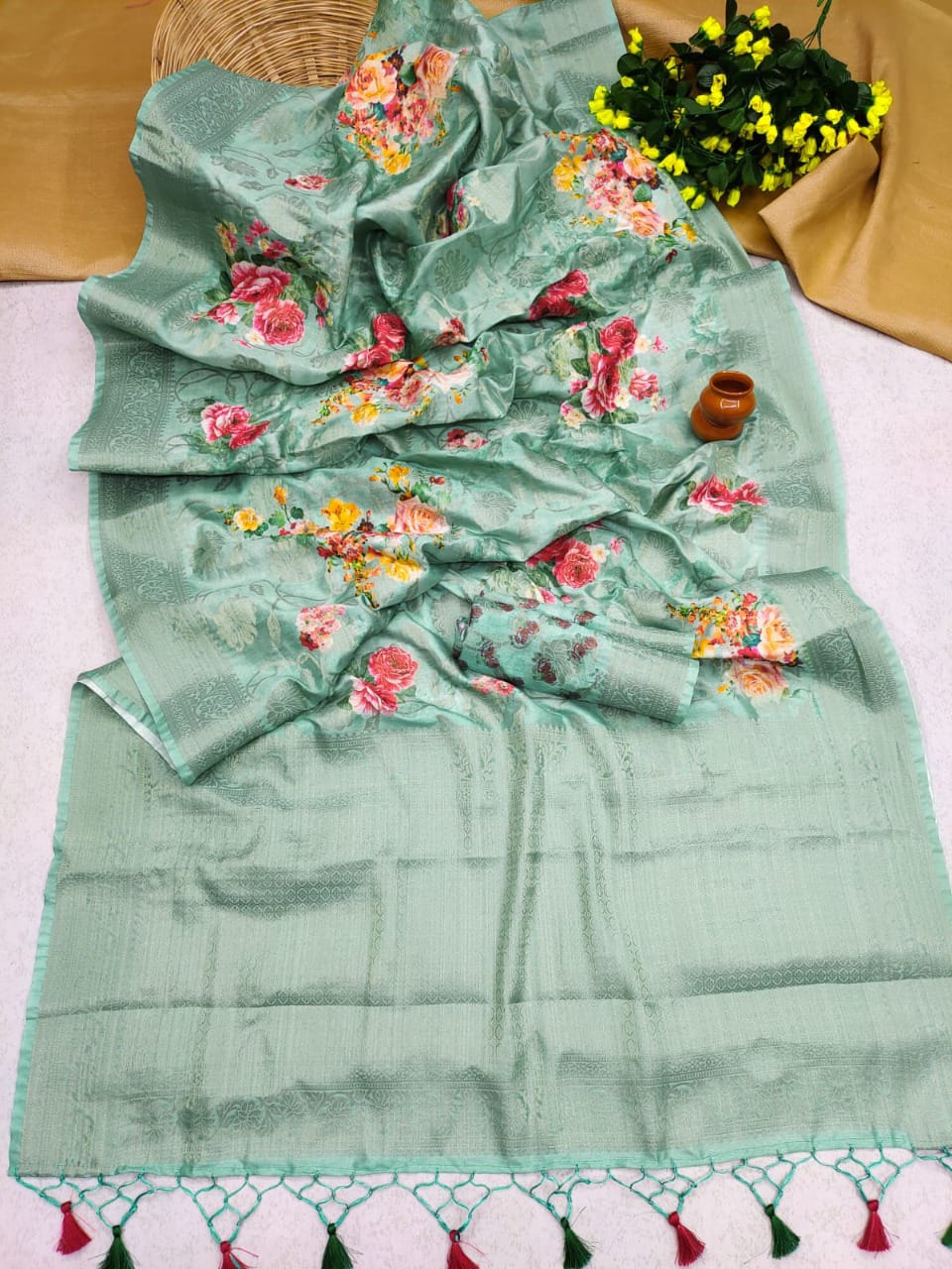 Pure Munga Silk All Over Zari Weaved With Digital Print Saree