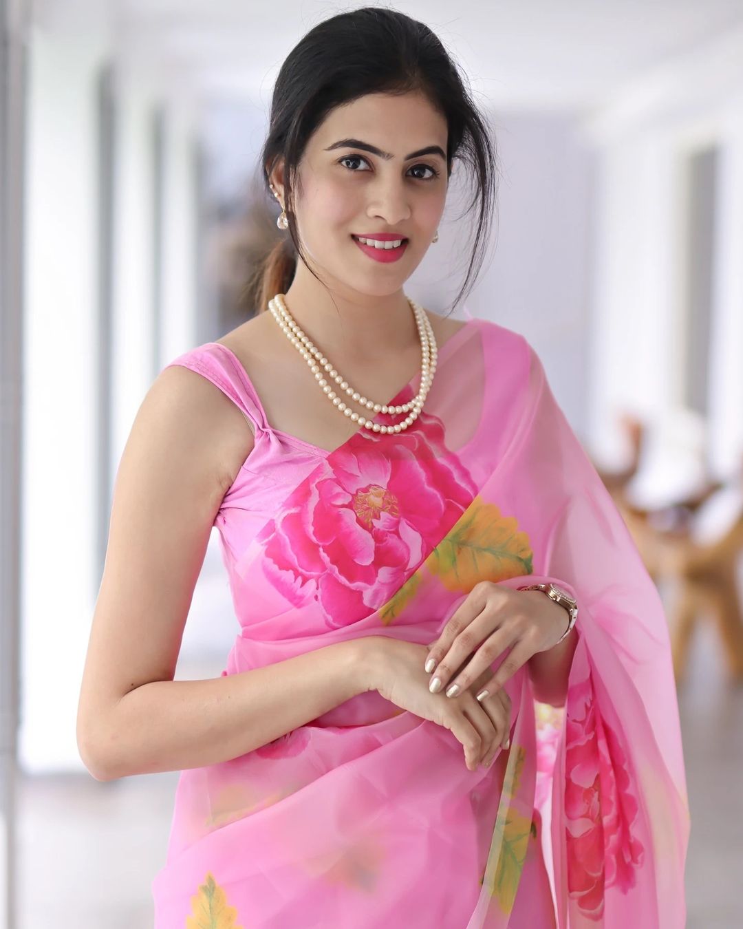 Pink Organza Silk Digital Printed Saree