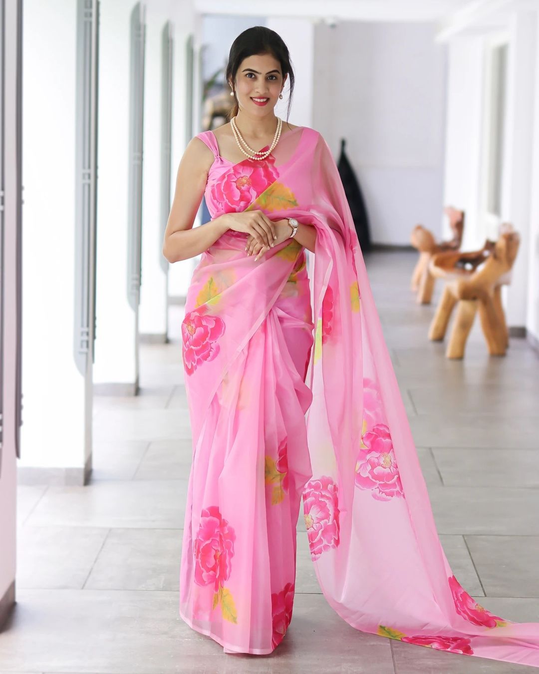 Pink Organza Silk Digital Printed Saree