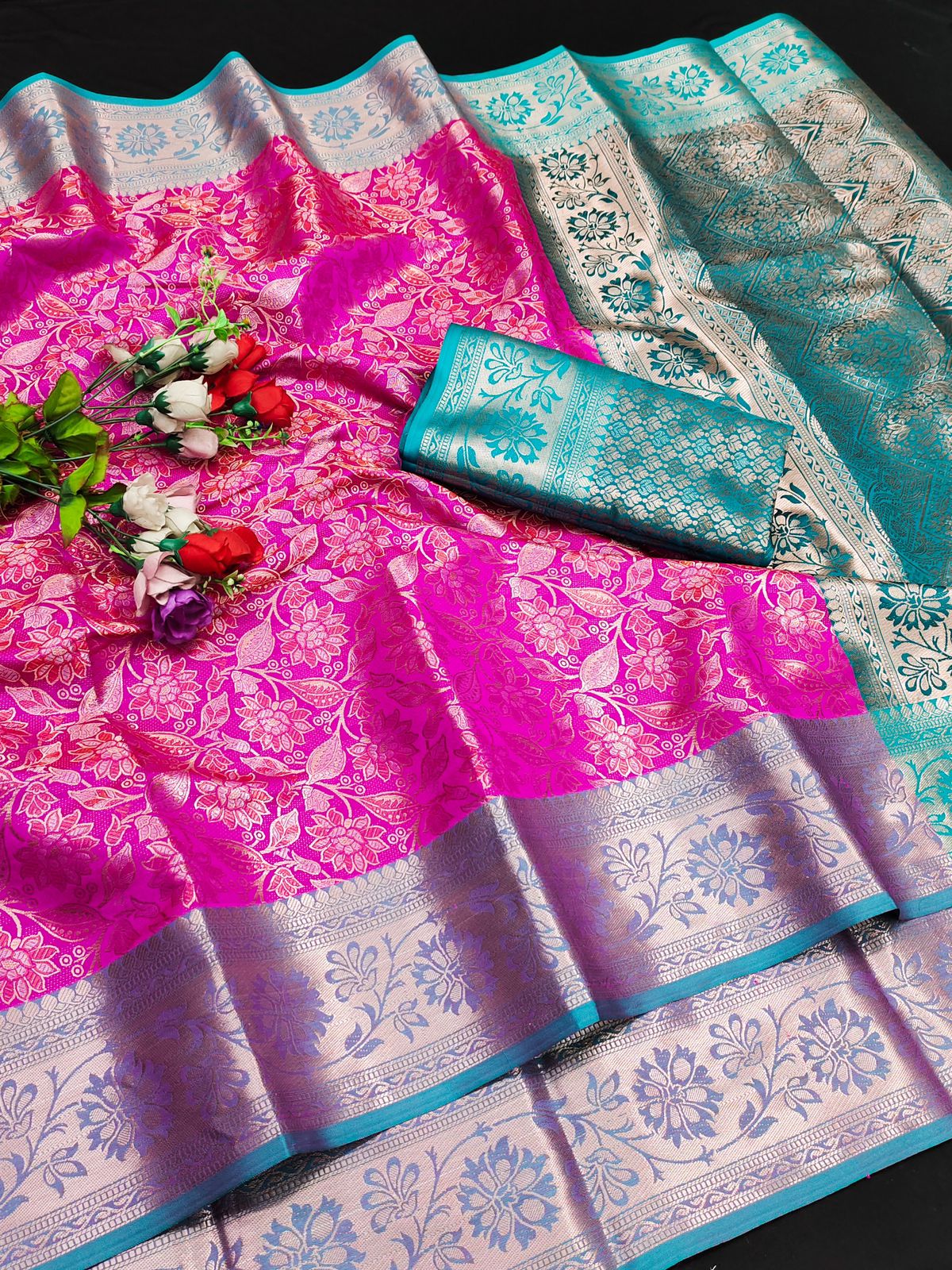 Pure Banarasi Silk All Over Dual Color Zari Weaved Saree